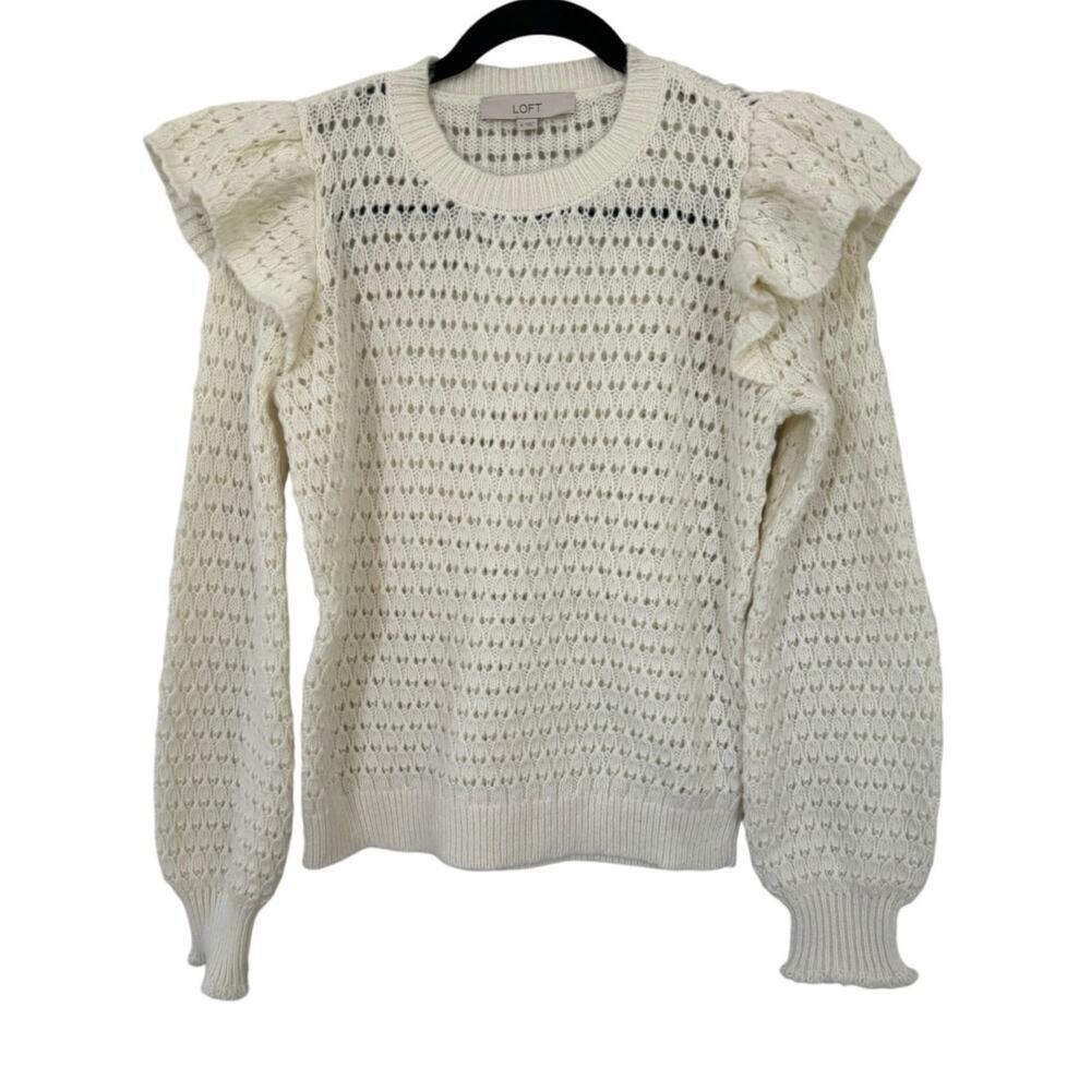 LOFT Cream Ruffle Shoulder Sweater – Open Knit Feminine Pullover, Size Medium